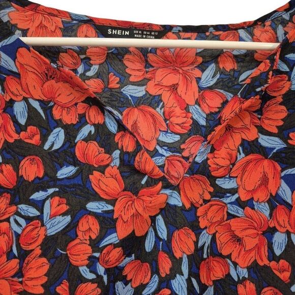 Shein Women's Red & Blue Poly Floral Dolman Sleeve Top - Picture 4 of 10